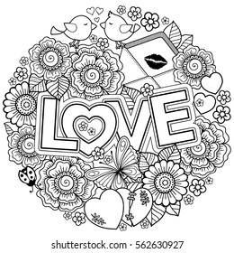 Vector coloring book for Adult.  Design for wedding invitations and Valentine's Day  of abstract flowers, hearts, envelope, arrow, heart, bird, kiss, butterfly