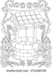 Vector coloring book for adult. detailed well image with floral composition.