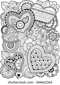 Vector coloring book for adult. Hearts and flowers