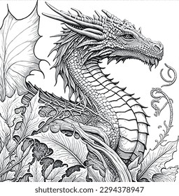 Vector coloring book for adult and kids with dragon. Sketch for tatoo isolated line art on white background.