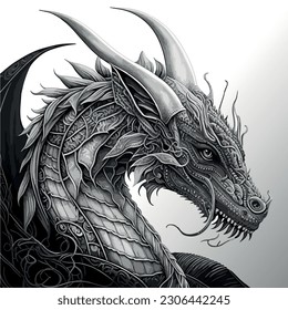 Vector coloring book for adult and kids with dragon. Sketch for tatoo isolated line art on white background.