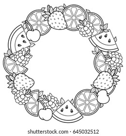Vector coloring book for adult, for meditation and relax.  Round frame of  watermelon, strawberries, citrus, cherries and strawberries. Black and white image on a white background of isolated elements