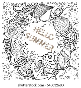Vector coloring book for adult, for meditation and relax.  Round shape of  sell, anchors, shells, stones and sand. Black and white image on a white background of isolated elements
