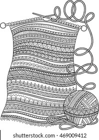 Vector coloring book for adult. Openwork knitted warm scarf with a ball of yarn and knitting needles