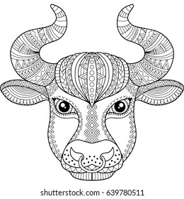 Vector coloring book for adult. Silhouette of bull isolated on white background. Zodiac sign Taurus. Abstract background animal print.