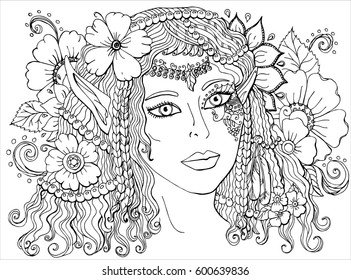 Vector coloring book for adults beautiful girl elf with long ears, in flowers and beads. Pattern ornament handmade, Doodle.