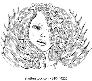 Vector coloring book for adults beautiful girl angel.