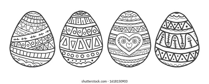 Vector coloring book for adults and children with four easter eggs with doodle pattern. Black doodle symbols of a happy holiday on white background.