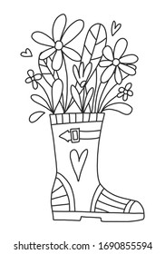 Vector coloring book for adults   children  A bouquet field flowers in rubber boot  Spring black   white illustration for creativity at home  Spring series coloring pages for creative