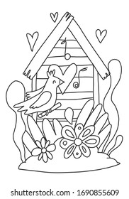 Vector coloring book for adults and children. Birdhouse with a bird that sings. Wooden house among flowers and herbs. Spring black and white illustration for creativity at home. Spring series of