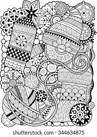 Vector coloring book for adults. Christmas coloring page with knitted gloves, hat, scarf, socks and balls of thread between decorative snowflakes