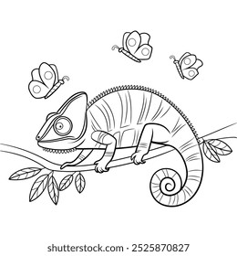 Vector coloring book for adults, contour chameleon on a branch isolated on white background. Patterns and small details for coloring page