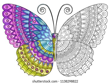 Vector Coloring book for adults. Decorative butterfly of bright colors. image for print on clothes, coloring, backgrounds