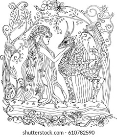 Vector coloring book for adults a girl and a deer