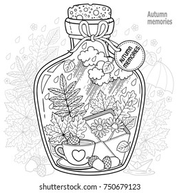 Vector Coloring book for adults. A glass vessel with memories of autumn and love. A bottle with rain, autumn leaves, a cup of coffee or tea, an envelope with flowers and sad mood