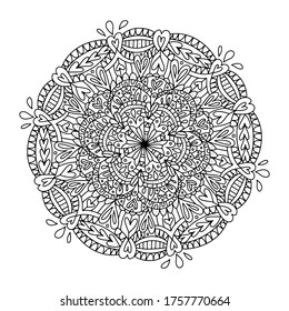 Vector coloring book for adults with a mandala. Magic love mandala to relieve stress, printable coloring pages, print black and white, yoga, circular roundabout composition.