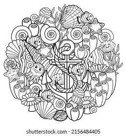 Vector coloring book for adults. Page for meditation and relax. Tropical fish, nemo fish, jellyfish, corals and seashells and anchor