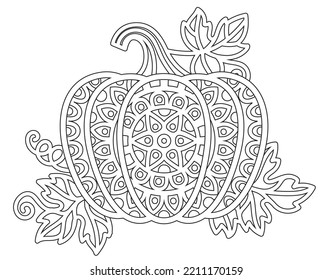 Vector coloring book for adults. Pumpkin in mandala style with detailed patterns for Halloween and Thanksgiving day