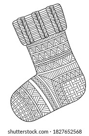 Vector coloring book for adults for rest and relaxation. Cute knitted Christmas sock for gifts from Santa Claus. Page for coloring and Christmas card design
