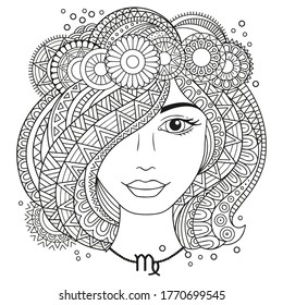 Vector coloring book for adults. Silhouette of woman isolated on white background. Zodiac sign virgo.