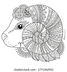 Vector coloring book for adults. Silhouette of sheep isolated on white background. Zodiac sign aries. Sheep.