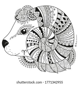 Vector coloring book for adults. Silhouette of sheep isolated on white background. Zodiac sign aries. Sheep.