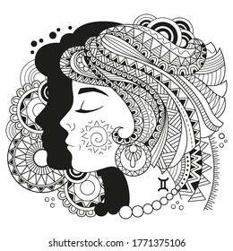 Vector coloring book for adults. Silhouette of gemini isolated on white background. Zodiac sign gemini