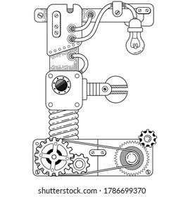 Vector coloring book for adults. Steampunk capital font. Mechanical alphabet made of metal gears and various details on white background. Capital letter E