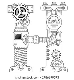 Vektorfarbbuch für Erwachsene. Steampunk-Großschrift. Mechanisches Alphabet aus Metallgetrieben und verschiedenen Details auf weißem Hintergrund. Buchstabe H