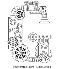 Vector coloring book for adults. Steampunk capital font. Mechanical alphabet made of metal gears and various details on white background. Capital letter G