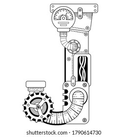 Vector coloring book for adults. Steampunk font. Mechanical alphabet made of metal gears and various details on white background. Capital letter J