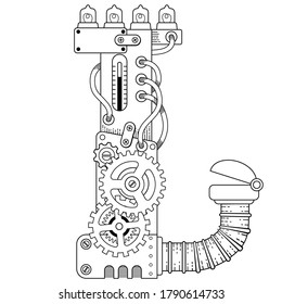 Vektorfarbbuch für Erwachsene. Steampunk-Schriftart. Mechanisches Alphabet aus Metallgetrieben und verschiedenen Details auf weißem Hintergrund. Kapitalbrief L