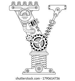 Vektorfarbbuch für Erwachsene. Steampunk-Schriftart. Mechanisches Alphabet aus Metallgetrieben und verschiedenen Details auf weißem Hintergrund. Hauptbuchstabe Y