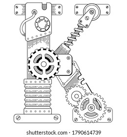 Vektorfarbbuch für Erwachsene. Steampunk-Schriftart. Mechanisches Alphabet aus Metallgetrieben und verschiedenen Details auf weißem Hintergrund. Kapitalbrief K