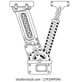 Vector coloring book for adults. Steampunk font. Mechanical alphabet made of metal gears and various details on white background. Capital letter V