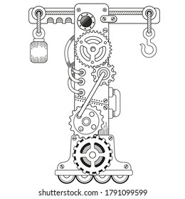 Vektorfarbbuch für Erwachsene. Steampunk-Schriftart. Mechanisches Alphabet aus Metallgetrieben und verschiedenen Details auf weißem Hintergrund. Kapitalbrief T