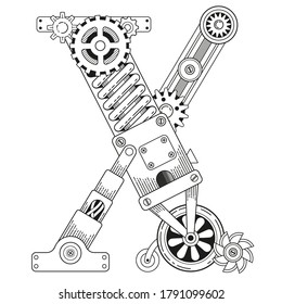 Vector coloring book for adults. Steampunk font. Mechanical alphabet made of metal gears and various details on white background. Capital letter X