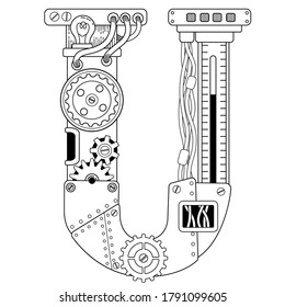 Vector coloring book for adults. Steampunk font. Mechanical alphabet made of metal gears and various details on white background. Capital letter U