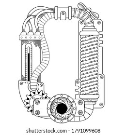 Vector coloring book for adults. Steampunk font. Mechanical alphabet made of metal gears and various details on white background. Capital letter O