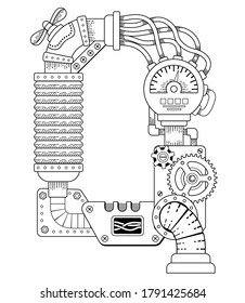 Vektorfarbbuch für Erwachsene. Steampunk-Schriftart. Mechanisches Alphabet aus Metallgetrieben und verschiedenen Details auf weißem Hintergrund. Hauptbuchstabe Q