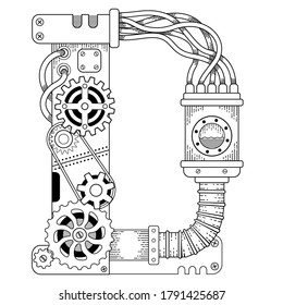 Vector coloring book for adults. Steampunk capital font. Mechanical alphabet made of metal gears and various details on white background. Capital letter D