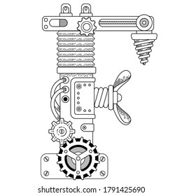 Vektorfarbbuch für Erwachsene. Steampunk-Großschrift. Mechanisches Alphabet aus Metallgetrieben und verschiedenen Details auf weißem Hintergrund. Kapitalbrief F