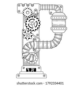 Vector coloring book for adults. Steampunk font. Mechanical alphabet made of metal gears and various details on white background. Capital letter P