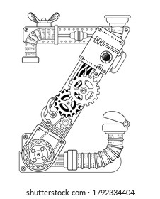 Vector coloring book for adults. Steampunk font. Mechanical alphabet made of metal gears and various details on white background. Capital letter Z