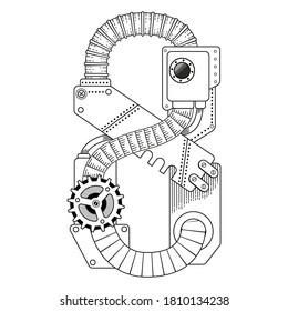 Vector coloring book for adults. Steampunk mathematical symbol eight. Mechanical number made of metal gears and various details on white background.