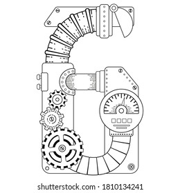 Vektorfarbbuch für Erwachsene. Steampunk-Mathematiksymbol sechs. Mechanische Zahl aus Metallgetrieben und verschiedene Details auf weißem Hintergrund.