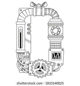 Vektorfarbbuch für Erwachsene. Steampunken mathematisches Symbol Null. Mechanische Zahl aus Metallgetrieben und verschiedene Details auf weißem Hintergrund.