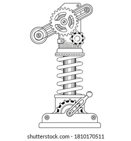 Vektorfarbbuch für Erwachsene. Steampunk mathematisches Symbol eins. Mechanische Zahl aus Metallgetrieben und verschiedene Details auf weißem Hintergrund.