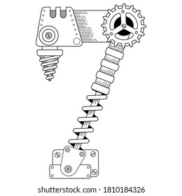 Vector coloring book for adults. Steampunk mathematical symbol seven. Mechanical number made of metal gears and various details on white background.