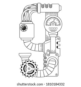 Vektorfarbbuch für Erwachsene. Steampunk-Mathematiksymbol neun. Mechanische Zahl aus Metallgetrieben und verschiedene Details auf weißem Hintergrund.